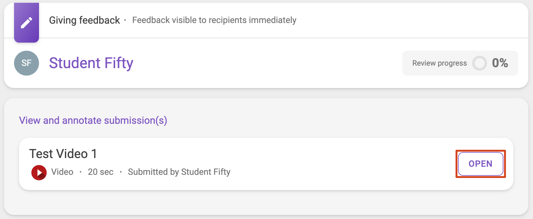 The student’s feedback workflow page gives staff an overview of the student’s submission and feedback