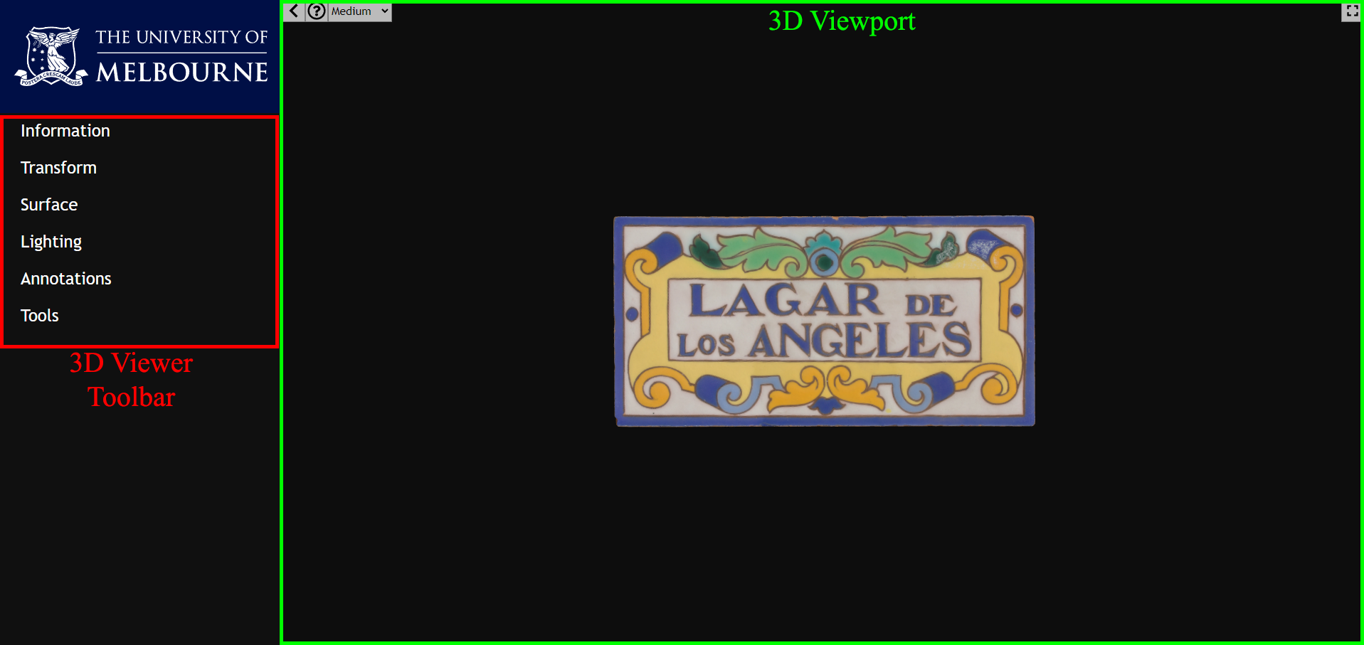 Position of 3D Viewer Toolbar and 3D Viewport indicated in Pedestal 3D interface