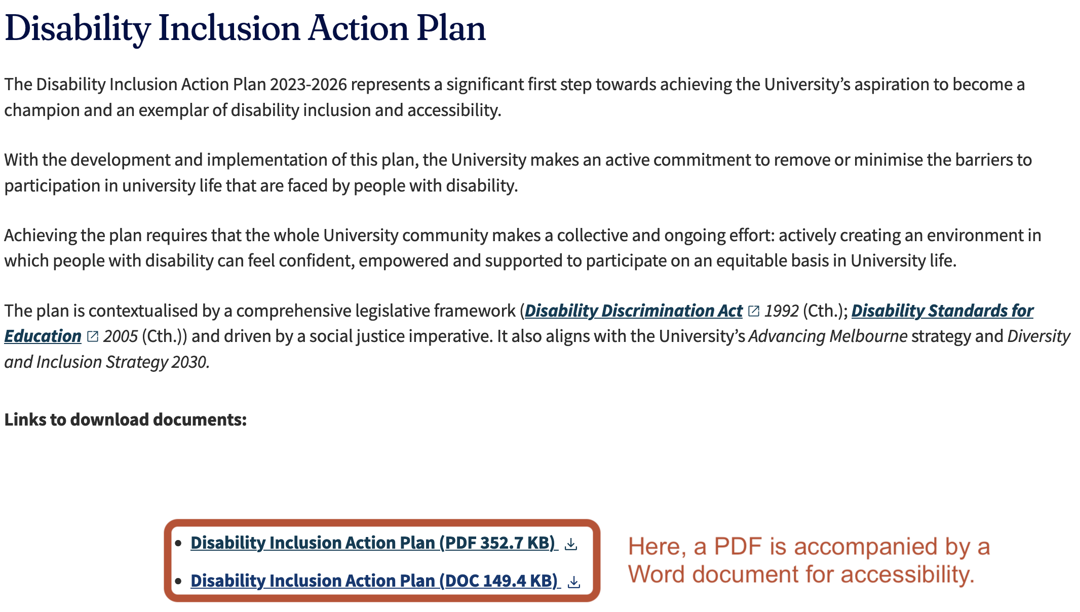 Screenshot of the website for the Disability Inclusion Action Plan, with links to both P.D.F and Word versions.
