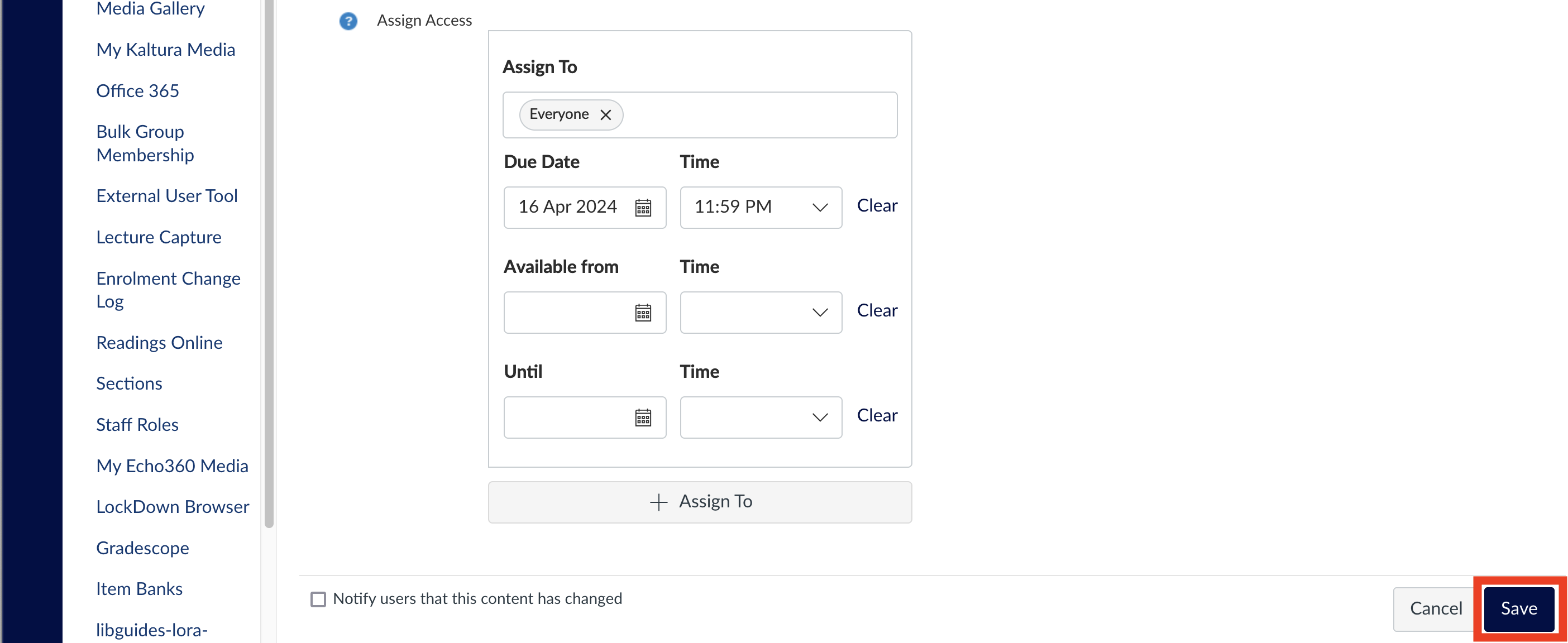 Location of Save button in a Canvas Assignment Screenshot of Canvas interface - location of Save button in a Canvas Assignment