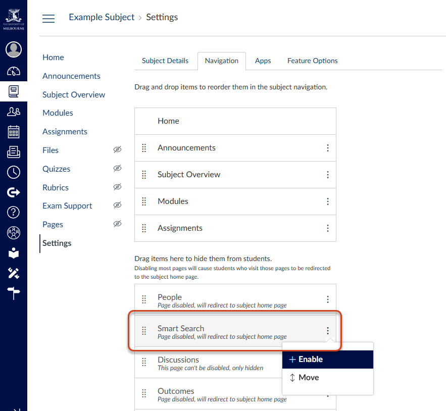 The Smart Search option is now available in Settings > Navigation Screenshot of Canvas LMS interface - Settings page with Navigation tab selected, the Smart Search option is highlighted