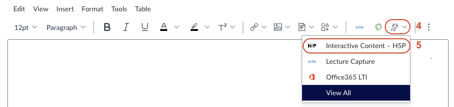 Screenshot of Canvas LMS interface -Location of H5P in the Apps menu on the Canvas Rich Text Editor