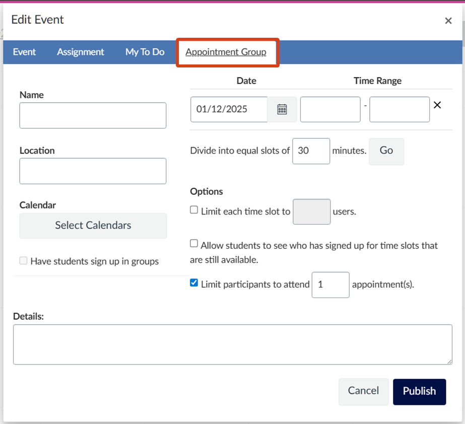 Create Event: Appointment Group Screenshot of the Create Event menu with the Appointment Group tab highlighted and selected. Below are empty fields for users to designate details including a name, location, date/time, and other options.