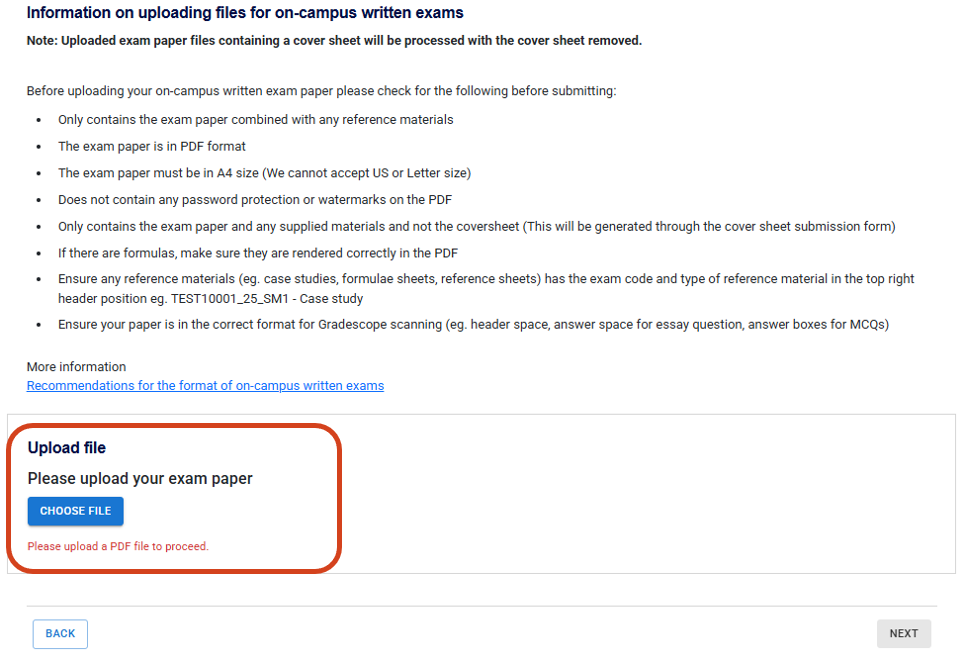 Upload area for exam paper with a button to select a PDF file from computer.