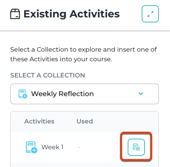 Adding your activity to the LMS page Screenshot of the existing activities section with the button to add the activity to Canvas highlighted