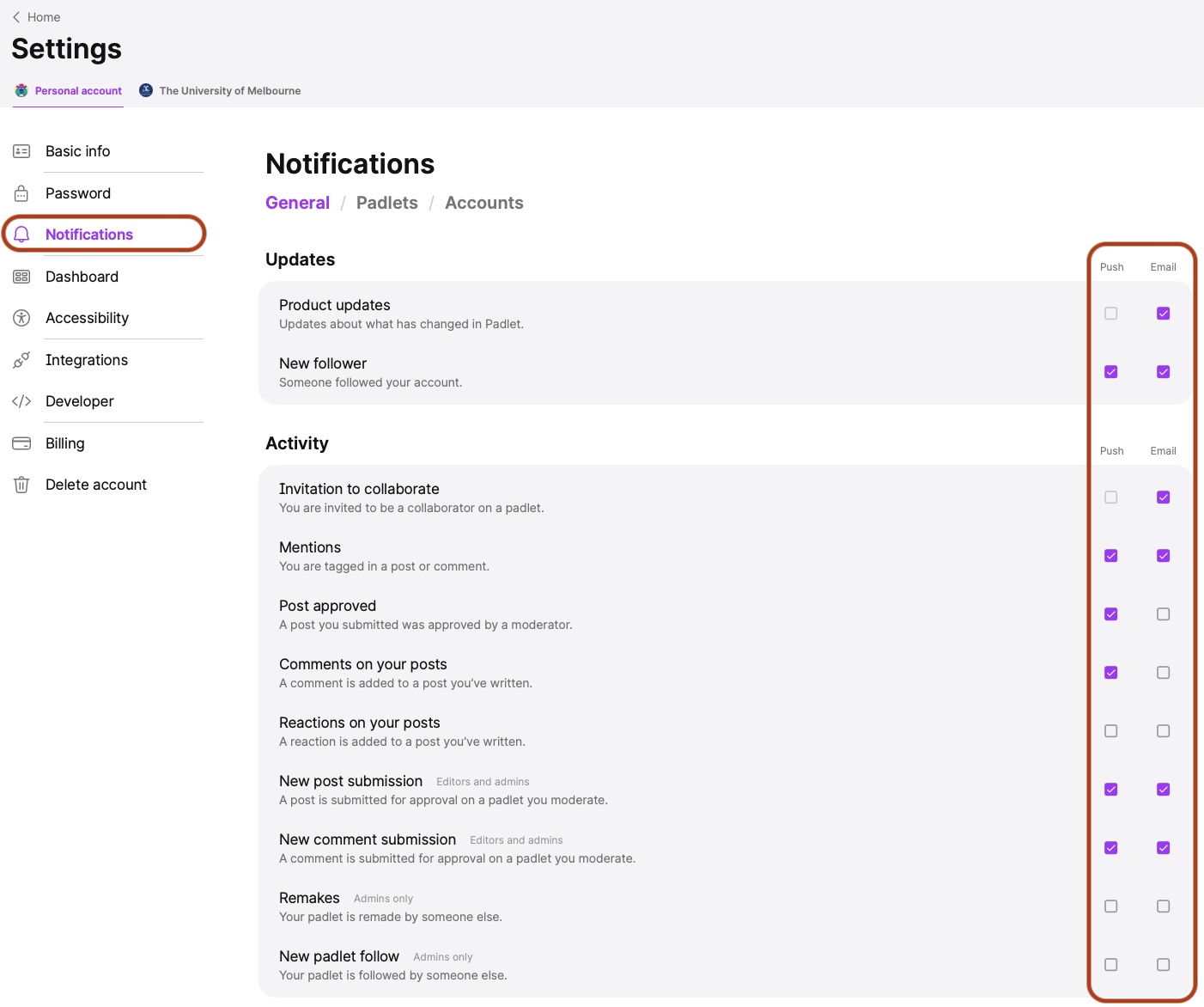 Adjust general notification settings Screenshot of the Padlet account General settings page with the “Notifications” option highlighted in the left-hand menu, and notification preference checkboxes emphasized to show options for enabling push or email notifications.