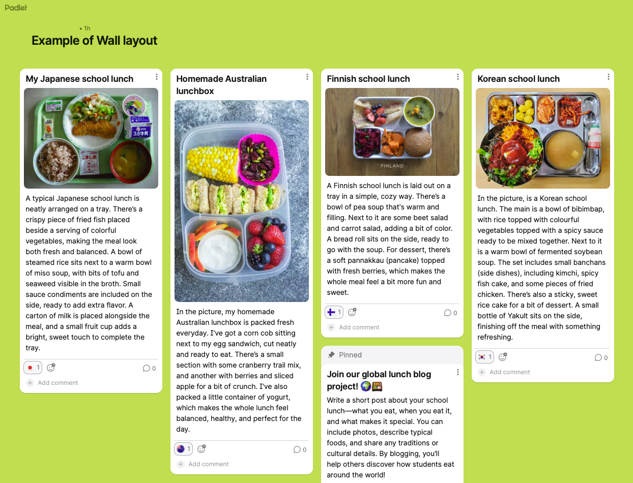 Screenshot of a Padlet wall in wall layout displaying posts featuring different school lunches.