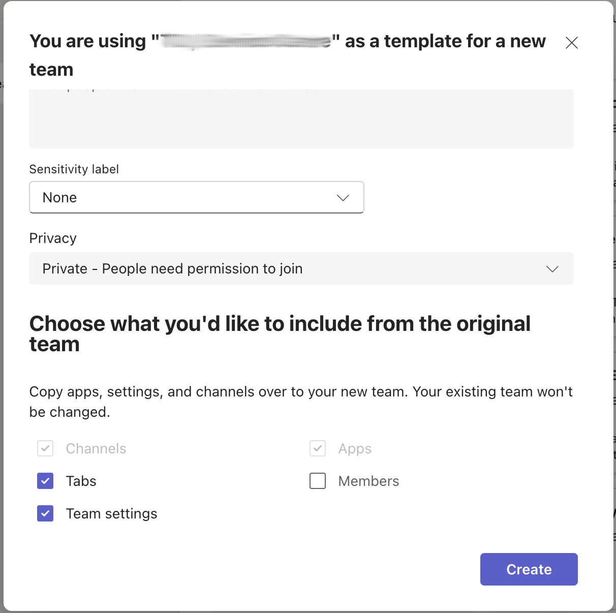 Settings box indicating which items will be copied from the template team. 