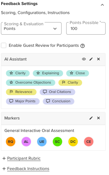 GoReact Feedback Settings including Points, AI assistant focus items and quick markers. 