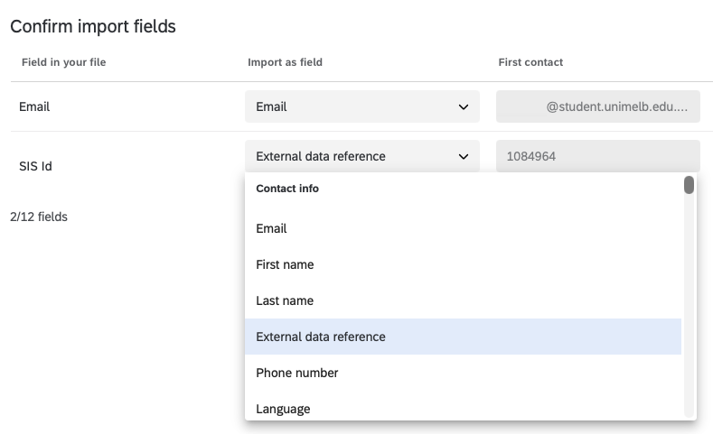 Qualtrics import fields: data inclusion mapping Screenshot of the Qualtrics “Confirm Import Fields” page with a table of fields and dropdown menus in the “Import as Field” column for mapping data during import.
