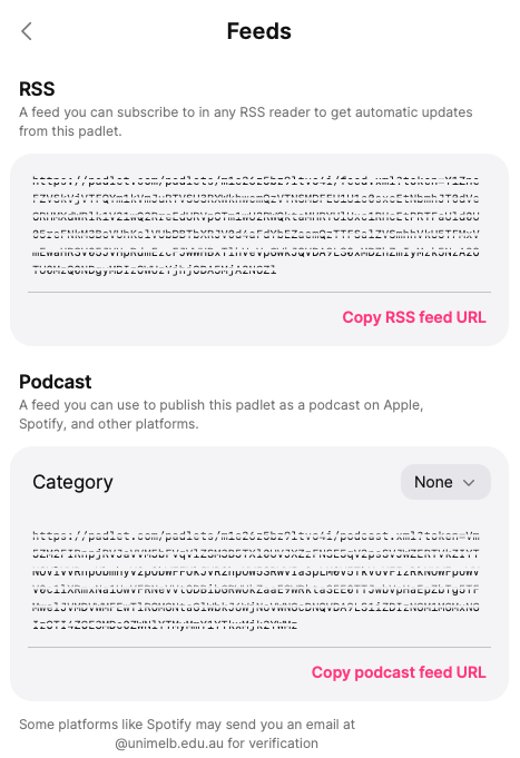 Screenshot of the Feeds settings displaying the RSS feed URL and Podcast feed URL.