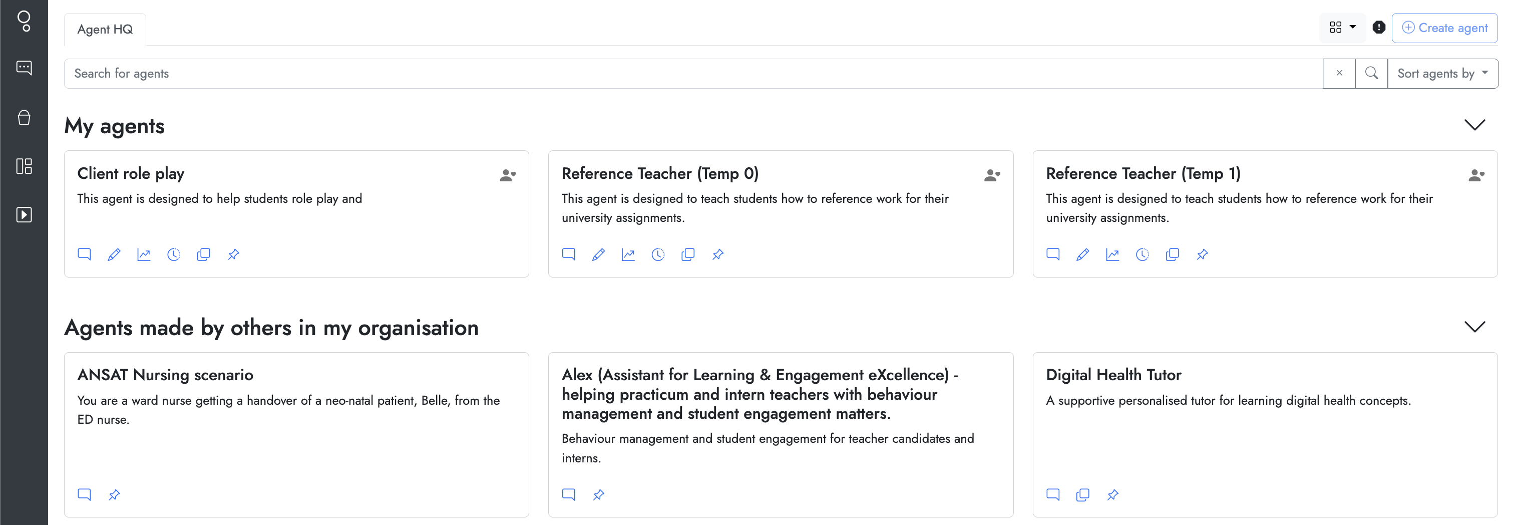 Screenshot of the Cogniti Agent HQ page. There are two main headings for &ldquo;My agents&rdquo; and &ldquo;Agents made by others in my organisation&rdquo; with thumbnails for agents, descriptions, and additional options. On the left-side, there is a navigation menu. On the top-right, there is a button to &ldquo;Create&rdquo;.