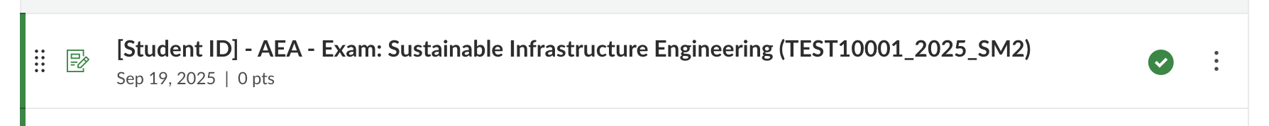 Screenshot of an AEA exam shell title in the Assignments tab on Canvas. 