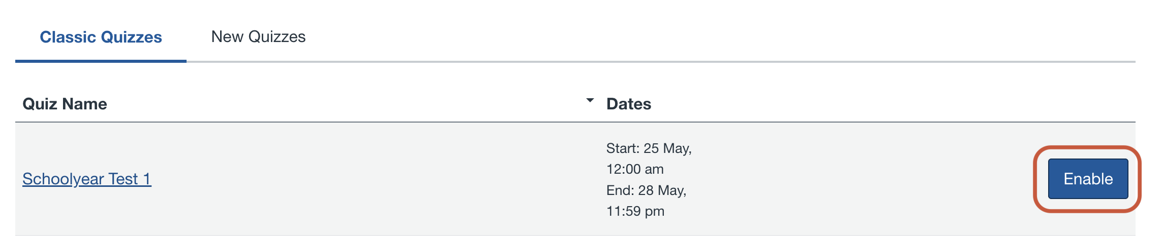 Screenshot of a Schoolyear test being Enabled for an LMS Classic Quiz. There is a red box highlighting the &lsquo;Enable&rsquo; toggle on the right-side of the image. 