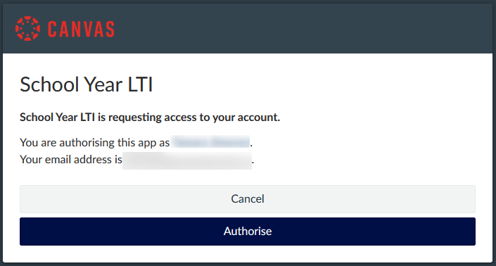 Screenshot of the Schoolyear LTI authorisation window on Canvas. There are two buttons prompting users to either cancel or authorise the LTI access to their Canvas account.