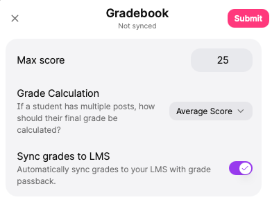 Screenshot of the Padlet Gradebook, with the &lsquo;Sync grades to LMS&rsquo; toggle on.