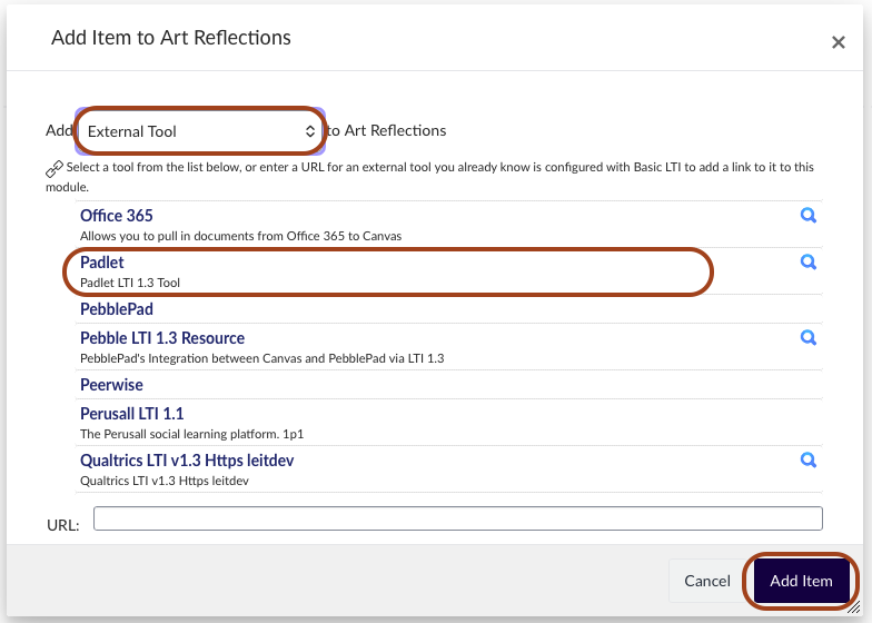 Screenshot of the Module configuration pop-up, with &lsquo;External Tool&rsquo; selected, and &lsquo;Padlet highlighted alongside the 'Add Item&rsquo; button.