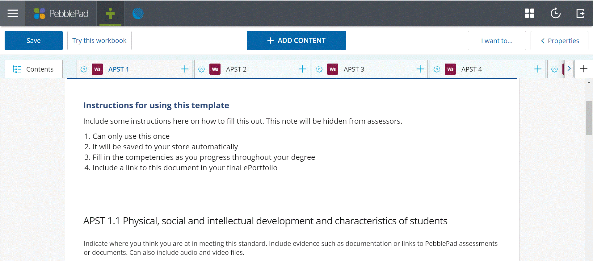 Screenshot of top menu items for a PebblePad page