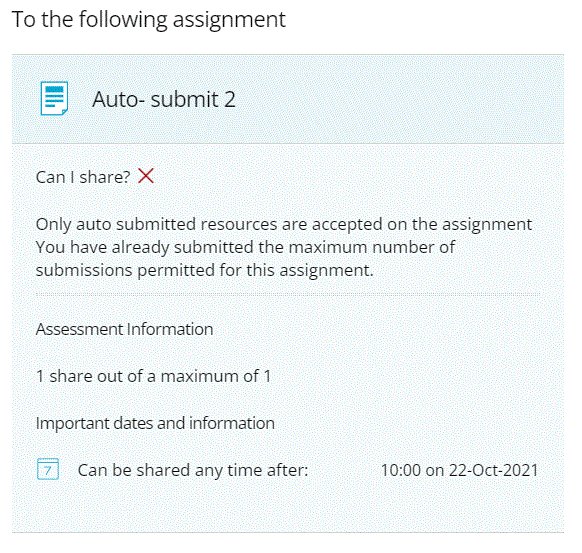 Notice for inability to share due to the assignment having already been submitted to this workspace in ATLAS
