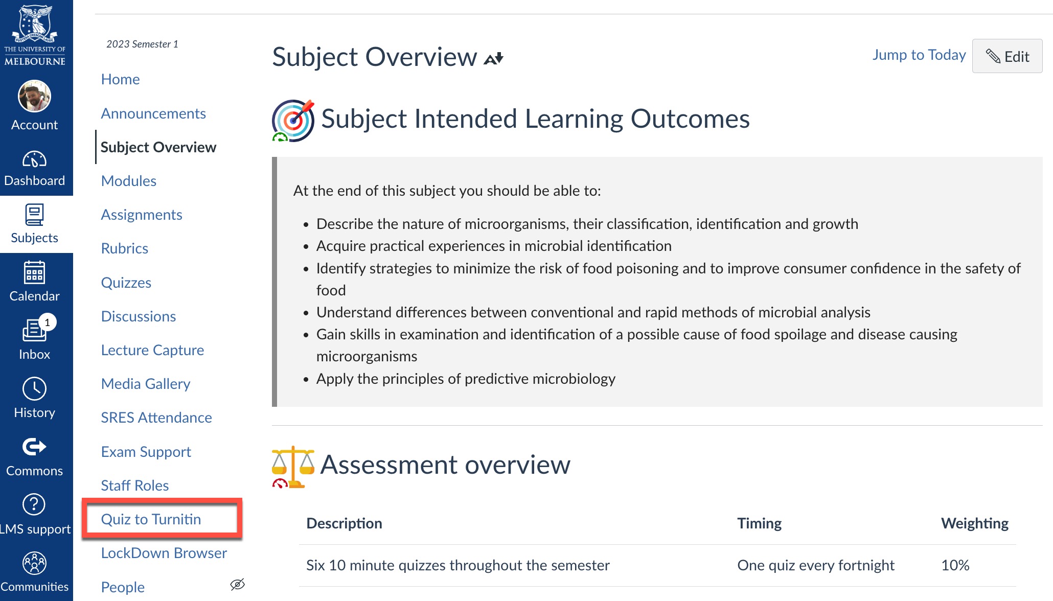 The Quiz to Turnitin tool in subject navigation menu once activated.