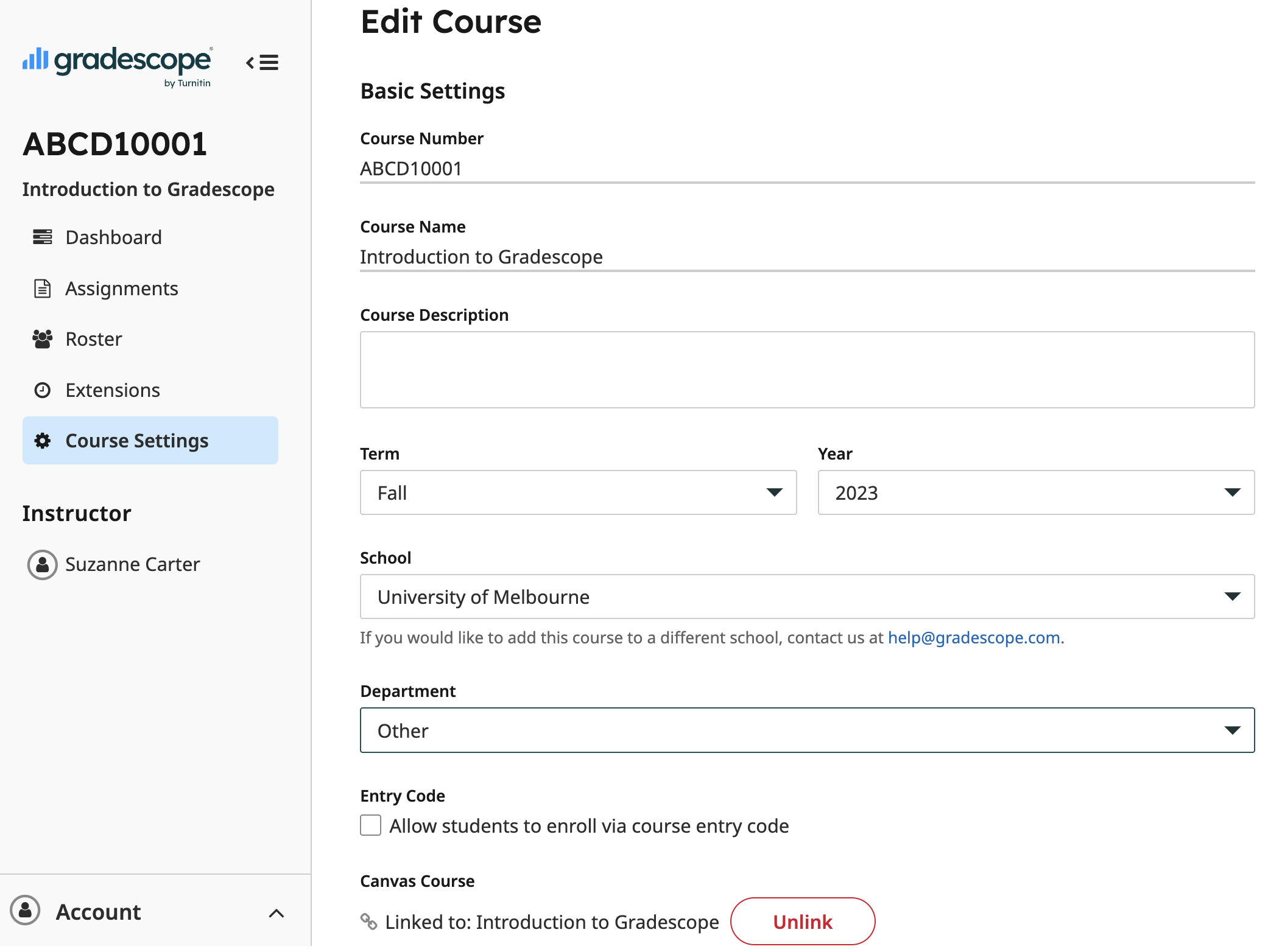 Gradescope course settings page