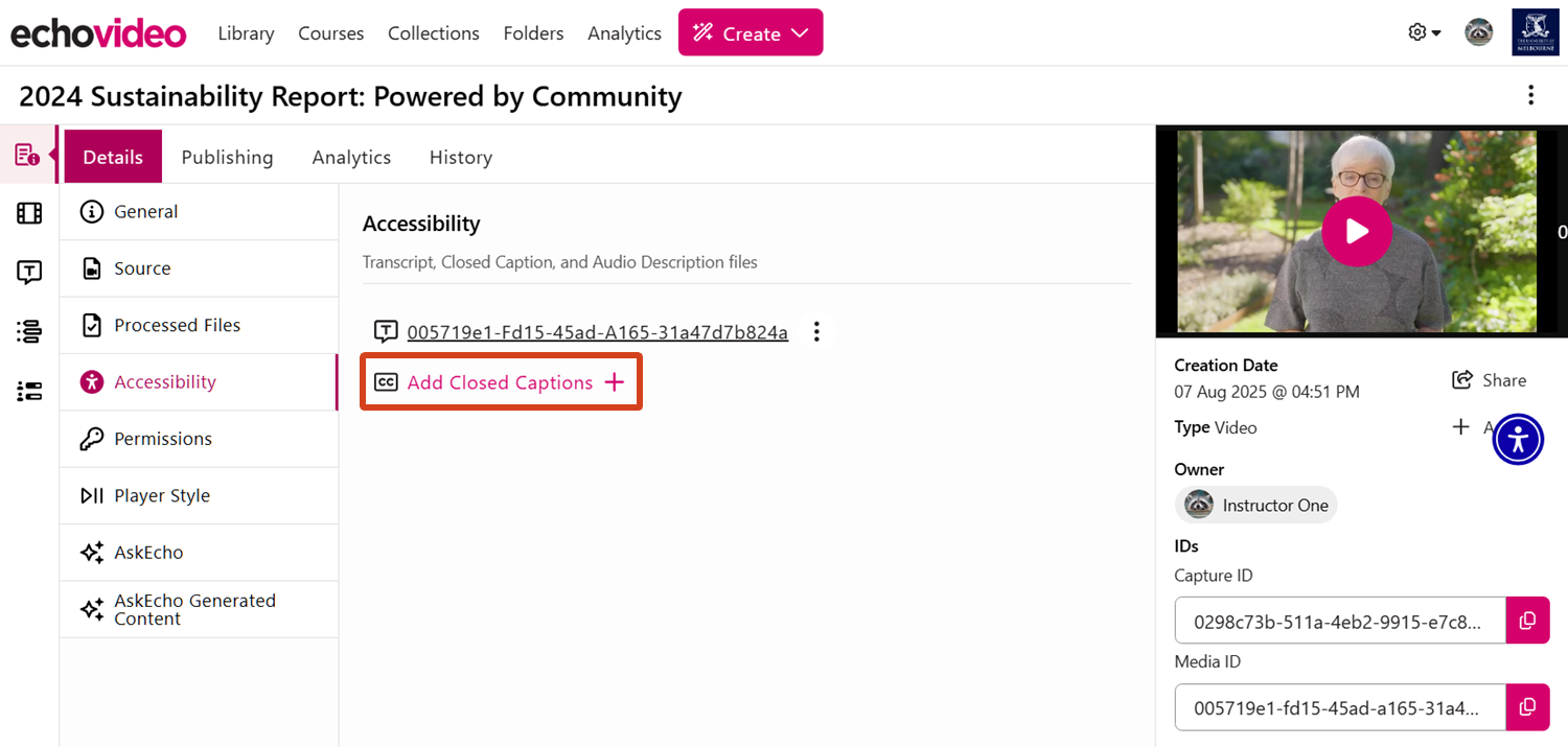 Add captions to EchoVideo media Screenshot of Canvas LMS interface - the add captions option