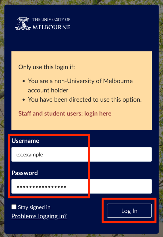 Alternate Login page for external users Screenshot of the Login to Canvas page with the Log In button highlighted