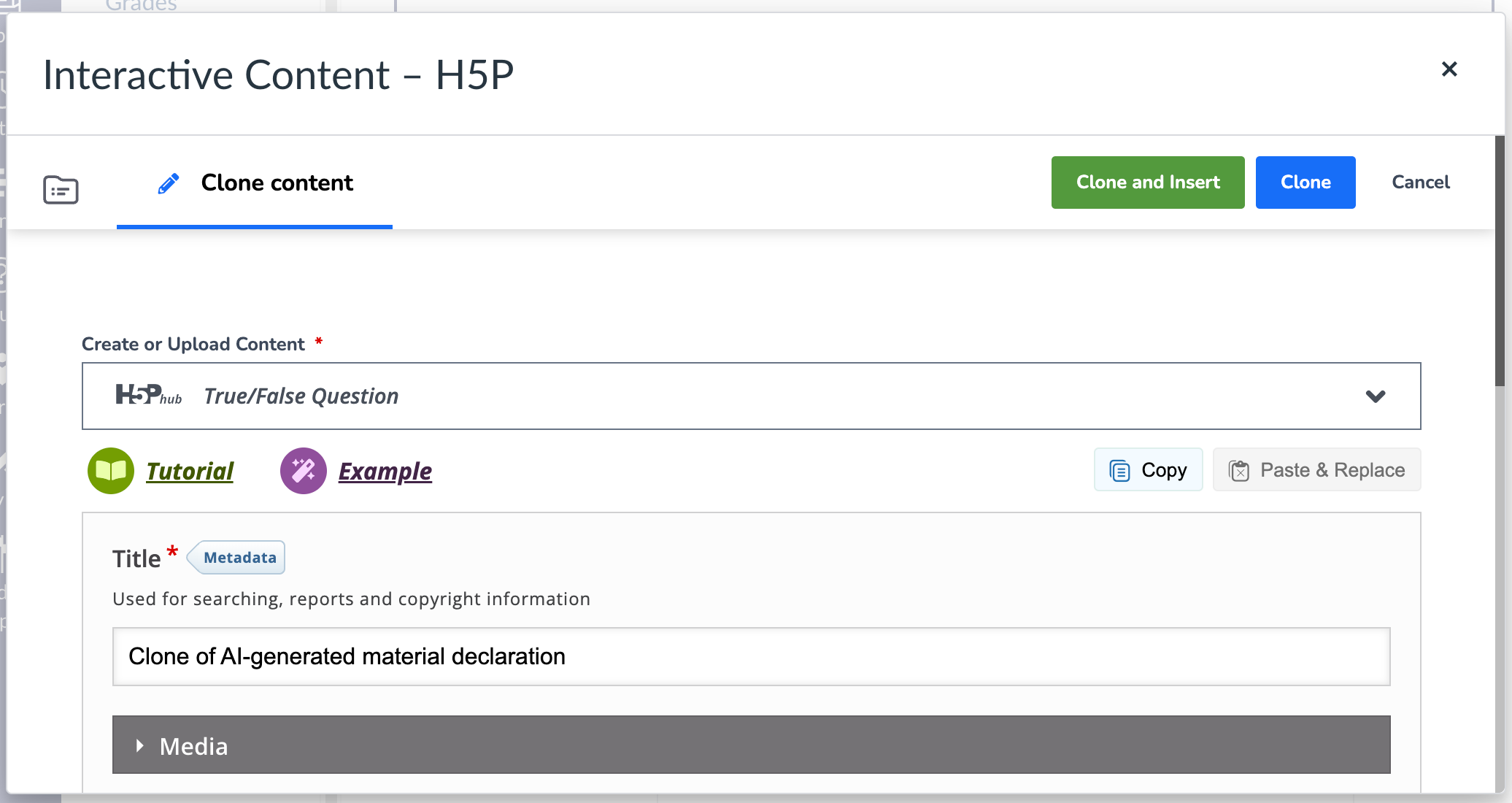 Clone of 'AI-generated material declaration' H5P question Screenshot of Canvas interface - clone of AI-generated material declaration H5P question