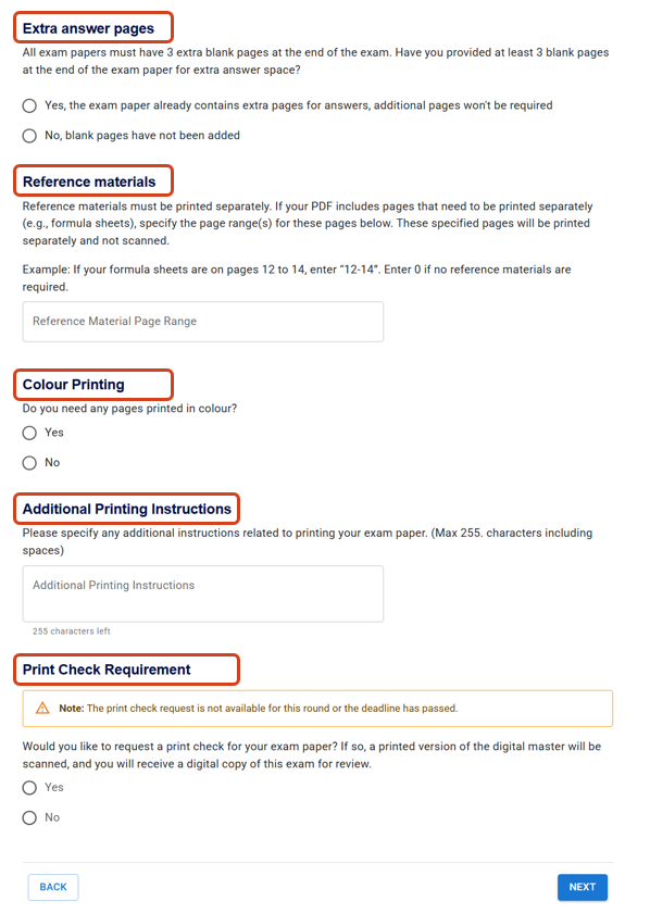 Questions appearing on the Printing Arrangements step include extra answer pages, reference materials, colour printing and print check request. 