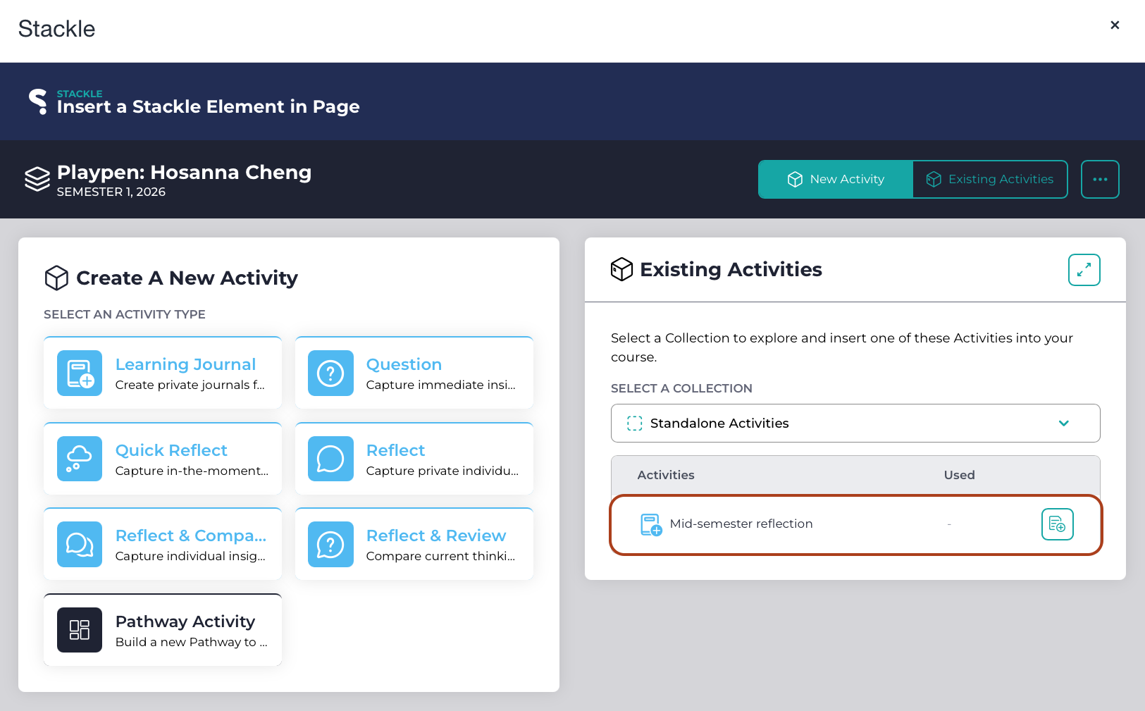 Your new activity in the Existing Activities list The existing activities list with the newly-created activity highlighted.