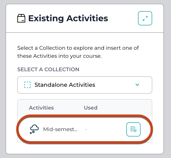 The Existing Activities list in Stackle with the newly created activity highlighted