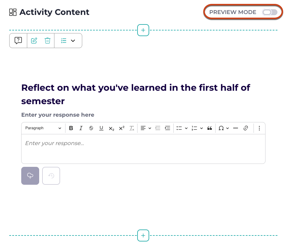 Screenshot of the Activity Content editor in Stackle with the toggle for Preview Mode highlighted.