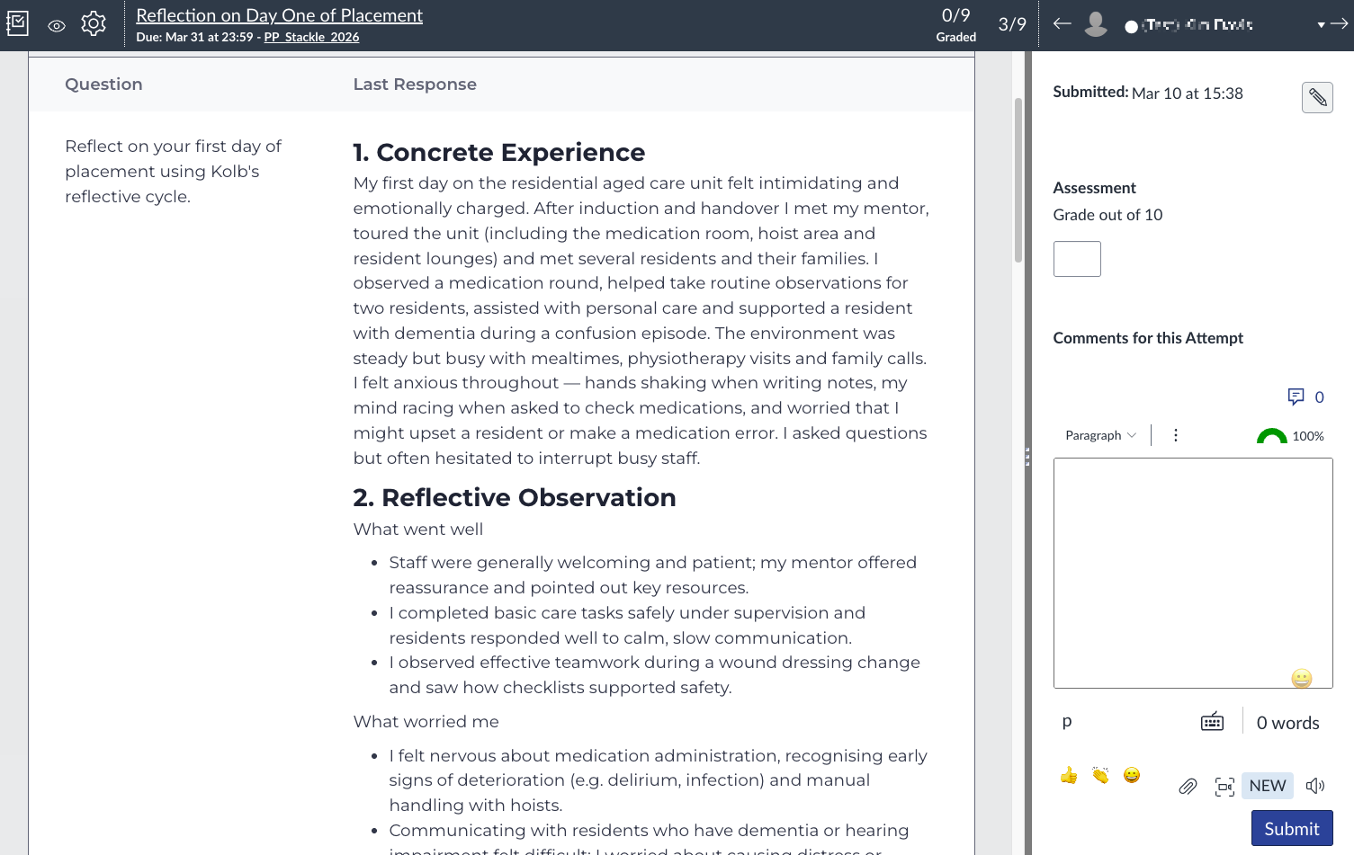 A screenshot of Speedgrader in the LMS showing a student response to a Stackle actvity