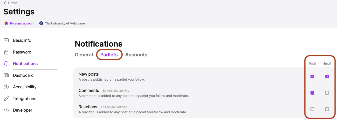Adjust individual Padlet notification settings Screenshot of Padlet notification settings, showing options to customise how and when notifications are received for activity Padlet wall.
