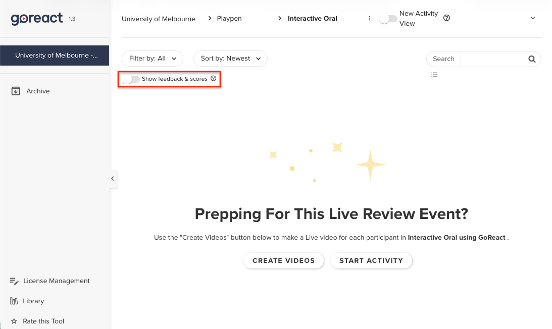 Go react activity screen indicating the location of the show feedback and scores toggle, top left of the screen. 