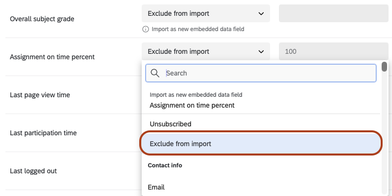 Qualtrics import fields: data exclusion mapping Screenshot of the “Confirm Import Fields” screen in Qualtrics with the “Exclude from Import” option highlighted in the “Import as Field” dropdown.