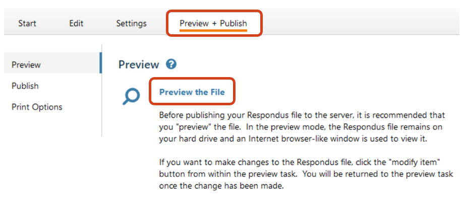 Preview the File before publishing The Preview + Publish tab showing the Preview the File option.