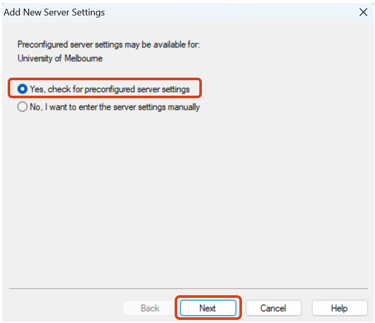 Check for preconfigured server settings The Add New Server Settings pop up window showing an option to check for preconfigured server settings for the newly added server.