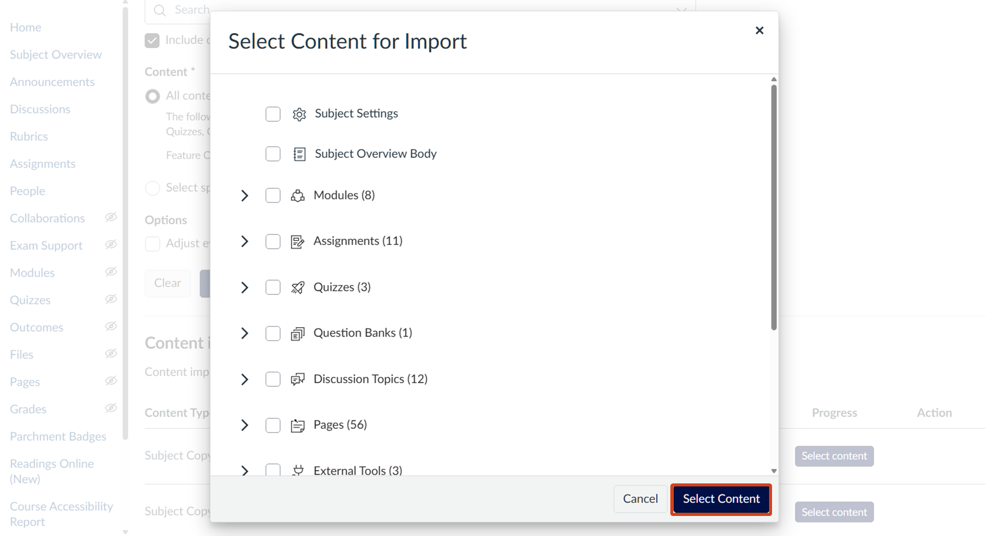 Screenshot of the Select Content for Import pop-up menu. Subject items are listed alongside checkboxes. On the bottom of the menu, there are options to Cancel or Select Content. The Select Content button is highlighted.