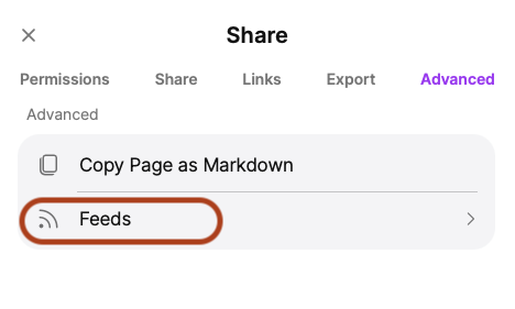 Screenshot of the Feeds settings displaying the RSS feed URL and Podcast feed URL.