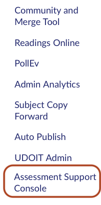 Screenshot of the LMS subject navigation menu with options including Community and Merge Tool, Readings Online, PollEv, and Assessment Support Console highlighted.