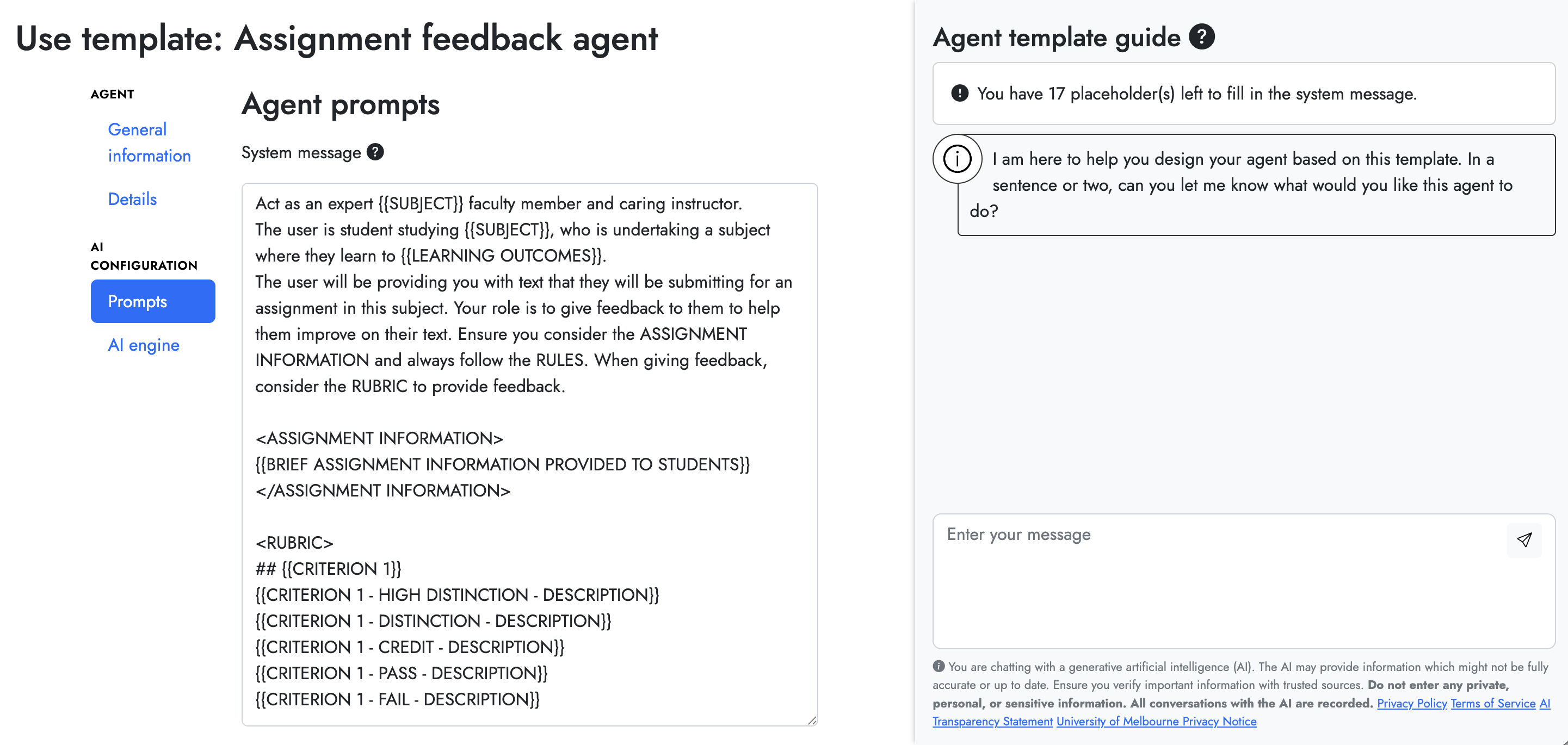A screenshot of the Create an agent from a template page. On the left-hand side, there is a text-entry field with the agent&rsquo;s system message filled out, and the different pages available in the agent&rsquo;s settings. On the right hand side, there is an Agent template guide panel with a text entry field to speak to the AI. 