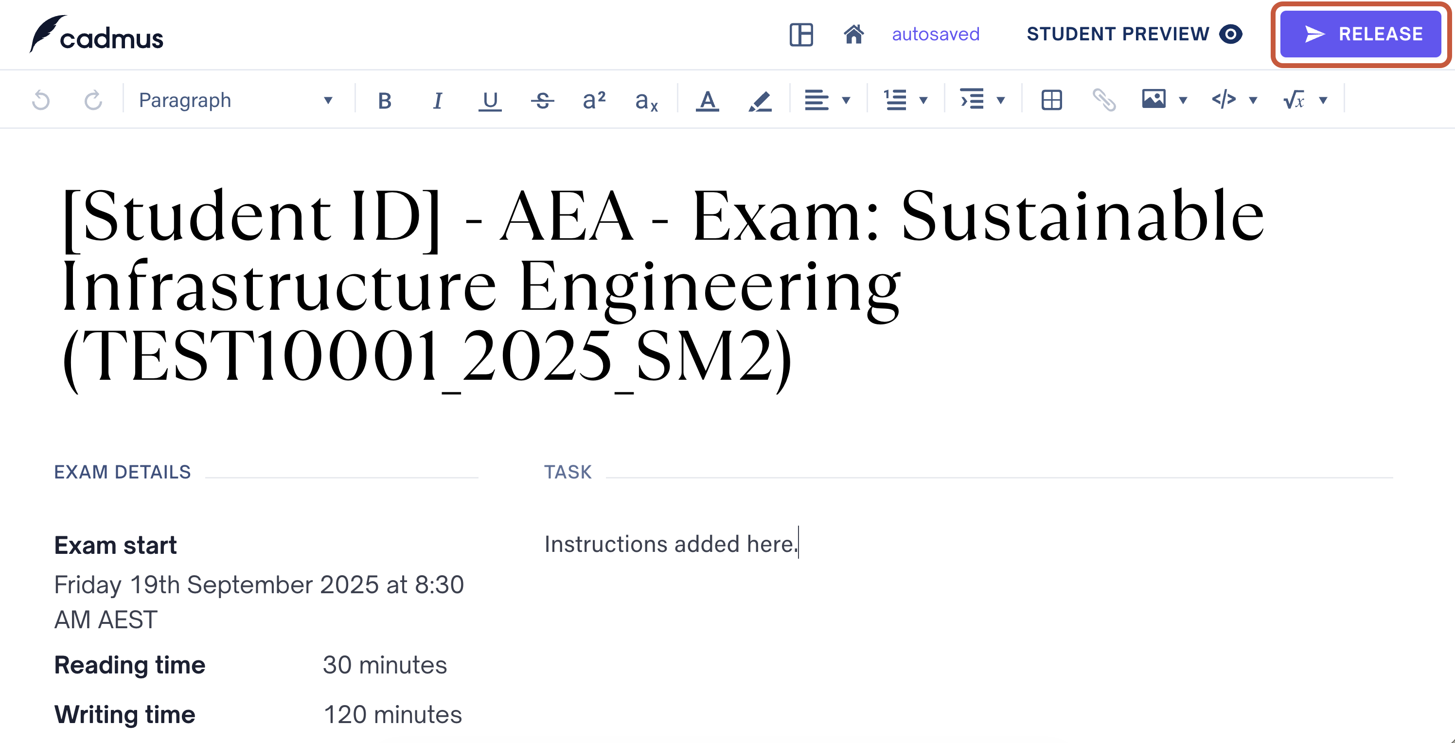 Screenshot of the assignment instructions page in &lsquo;Edit&rsquo; mode on Cadmus. There is a rich content editor toolbar along the top. At the bottom on the left includes the exam details including exam start time, reading time, and writing time. At the bottom on the right includes a text entry field. There is a red box highlighting the Release button in the top-right corner. 