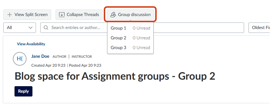 The Group discussion button located at the top of the Canvas Discussion activity interface allows staff to view discussions created by specific student groups. 