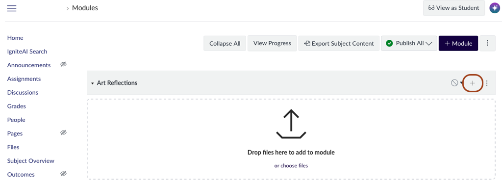 Screenshot of the Modules configuration page with the'+' icon highlighted.