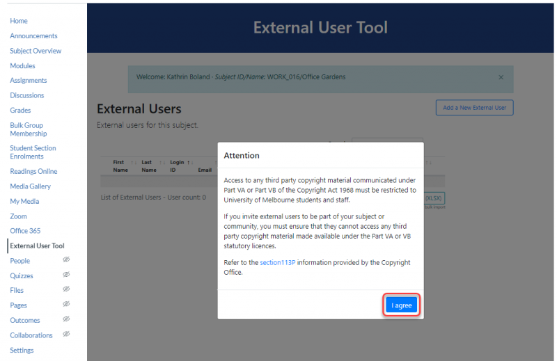 External User Tool attention message
