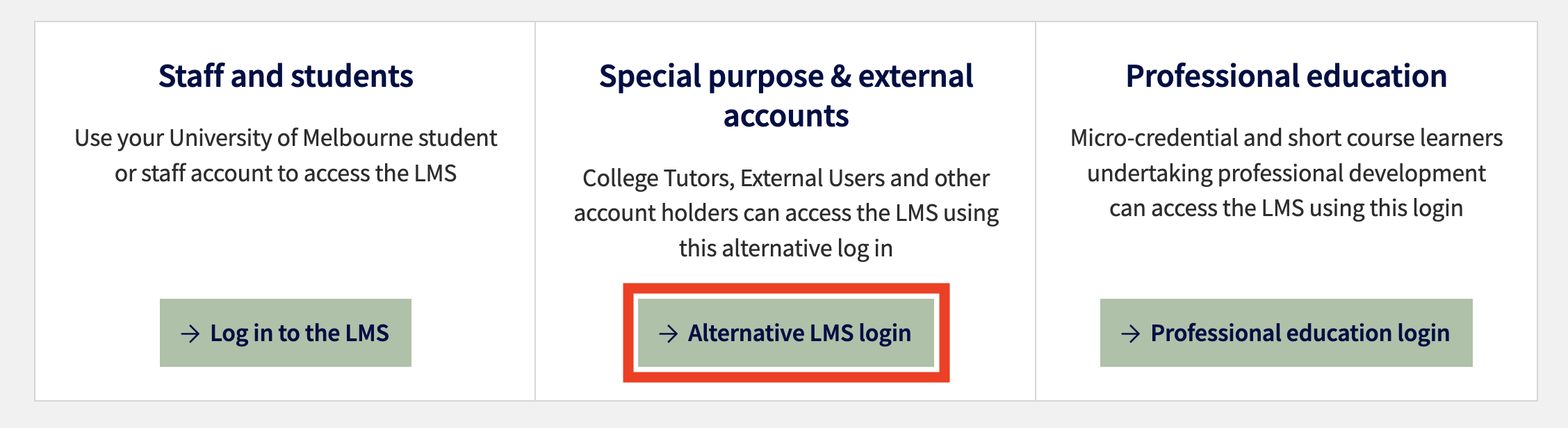 Alternative Canvas login button Screenshot of the LMS login page highlighting the Alternative Canvas login button