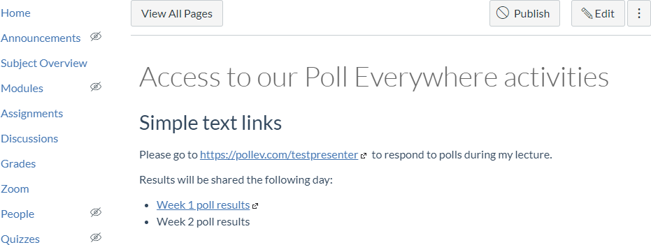 Poll Everywhere links shown in Canvas