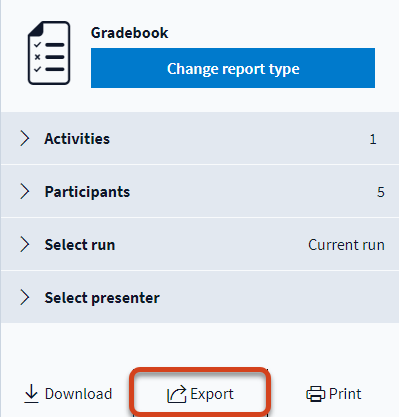 Choose Export from the right-hand section of the Gradebook screen