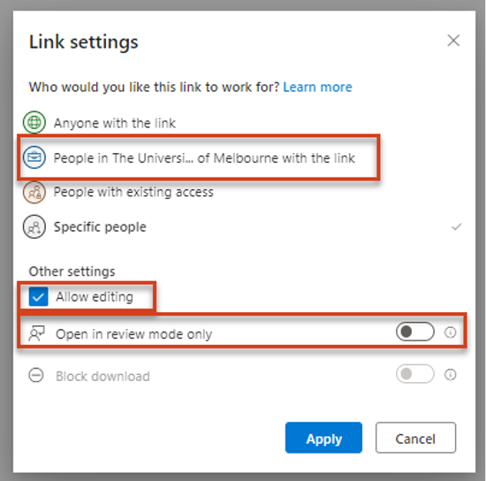 Setting permissions for the file link